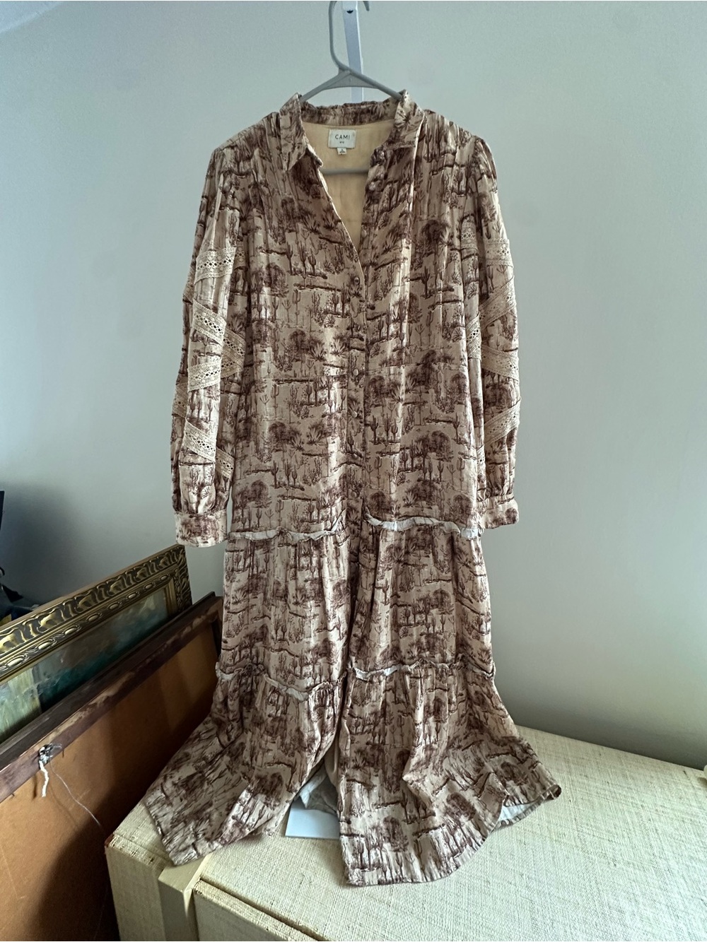 Cami NYC Beige Dress with Brown Scenic Print Midi